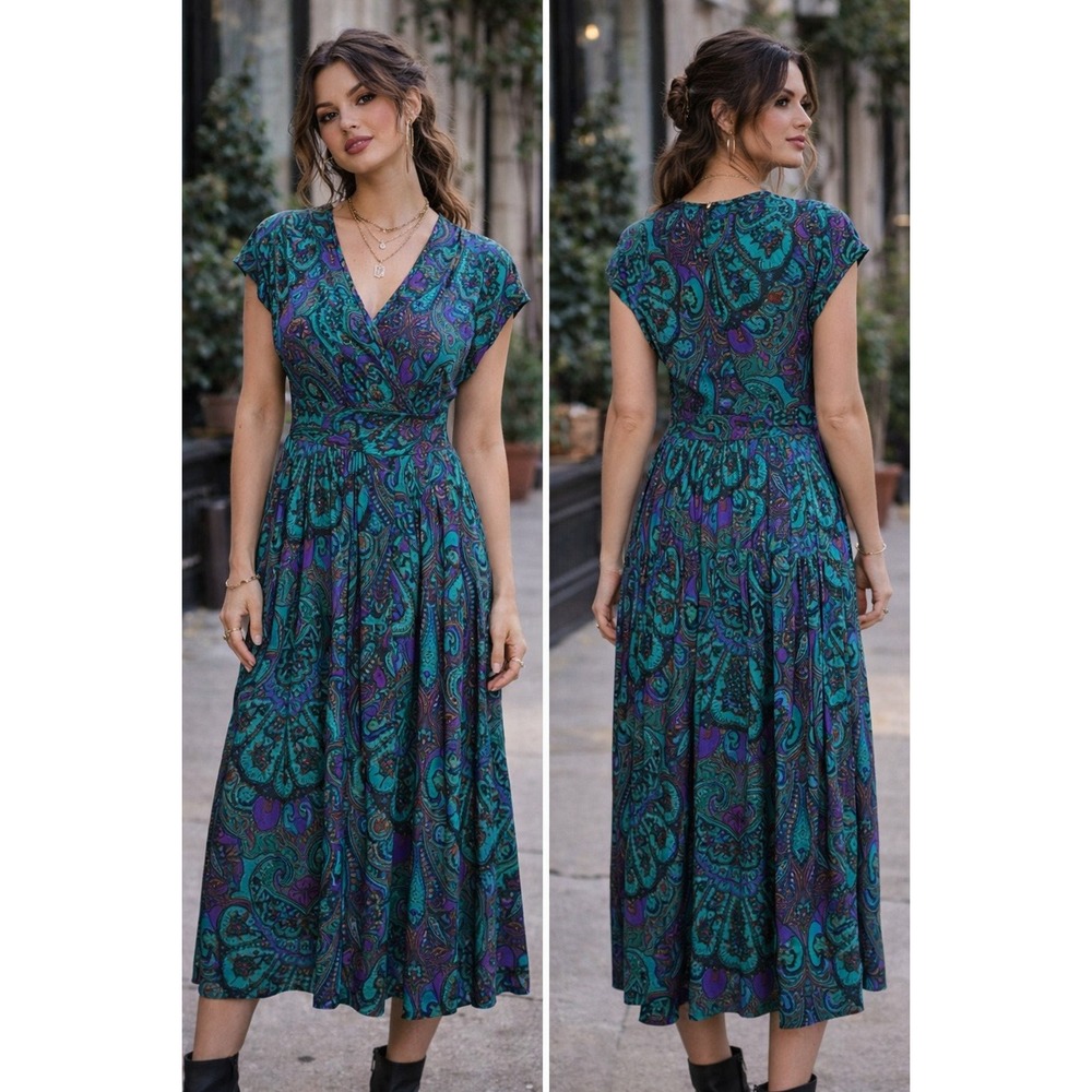 Vintage 80s 90s Paisley Maxi Dress Women Teal Purple V-Neck Empire Waist‎ Button